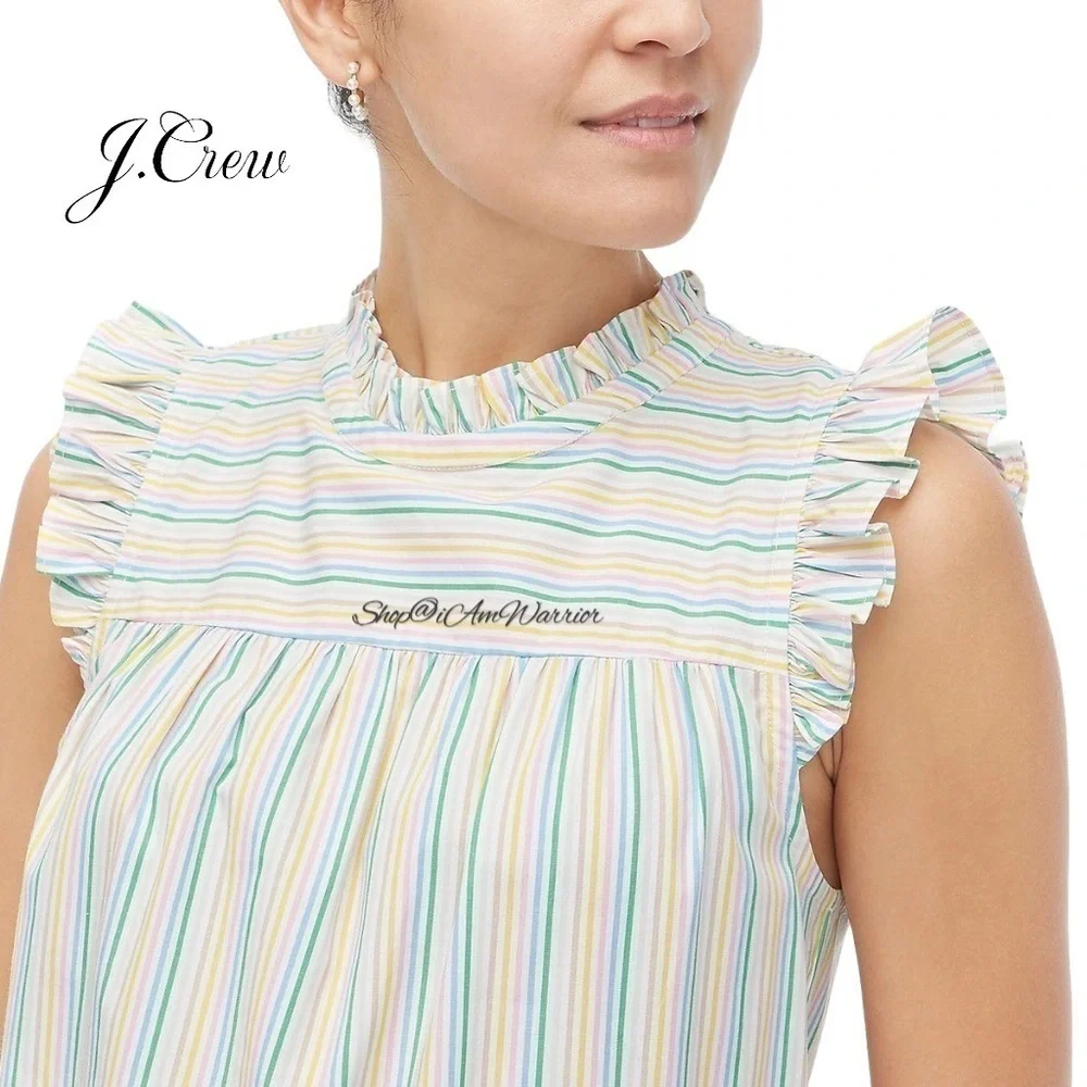 J.Crew (factory) rainbow pinstripe ruffle trim sleeveless poplin top *iamwarrior